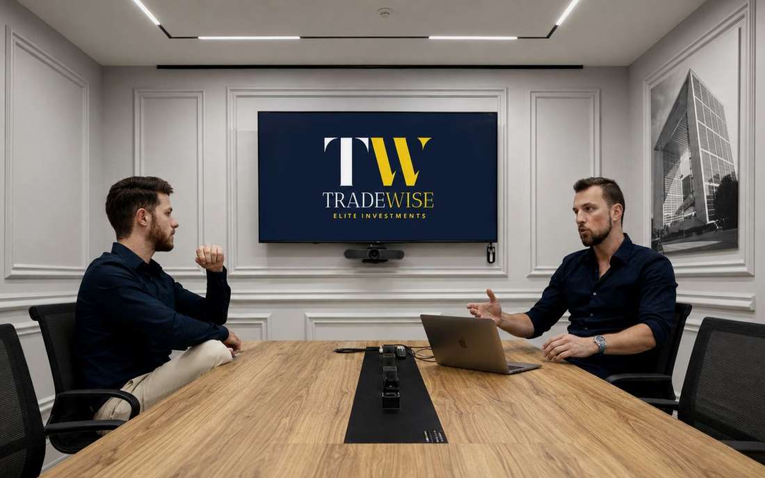 Two members of the Tradewise Elite team in discussion in the firm's boardroom.