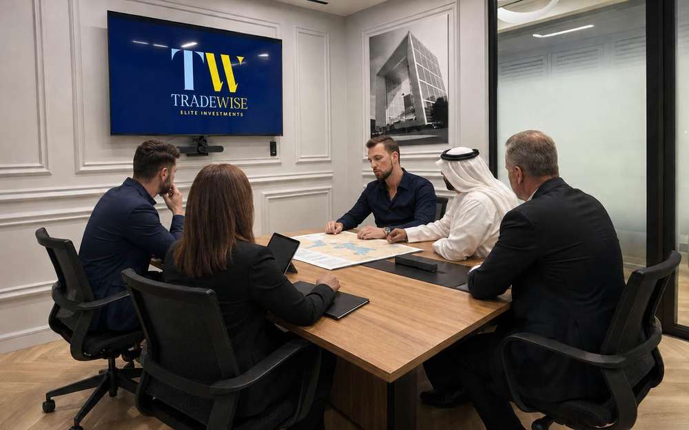 Senior professionals reviewing an international strategy in the Tradewise Elite boardroom.