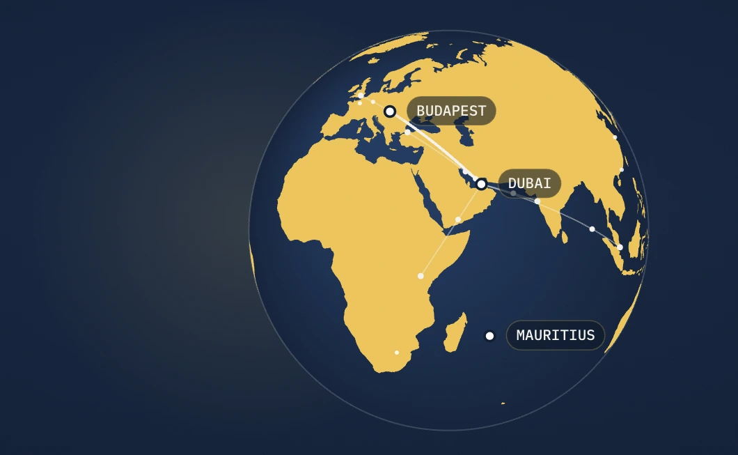Globe showing Dubai and Budapest connection